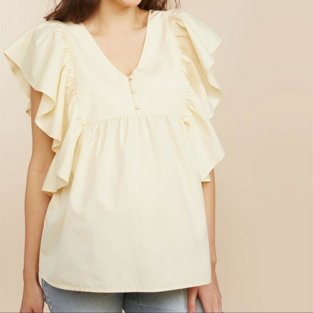 Motherhood Maternity Cream Ruffle-Sleeve Empire Top